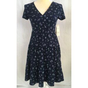 No Boundaries Baby Doll Dress Sz XXS Navy Blue w Pink Purple Flowers V neck New